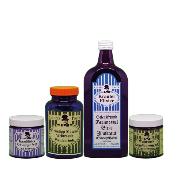 Vier Produkte nebeneinander. Schwarzer Dax, Grünlipp-Kapseln, Elixier und Grünlipp-creme